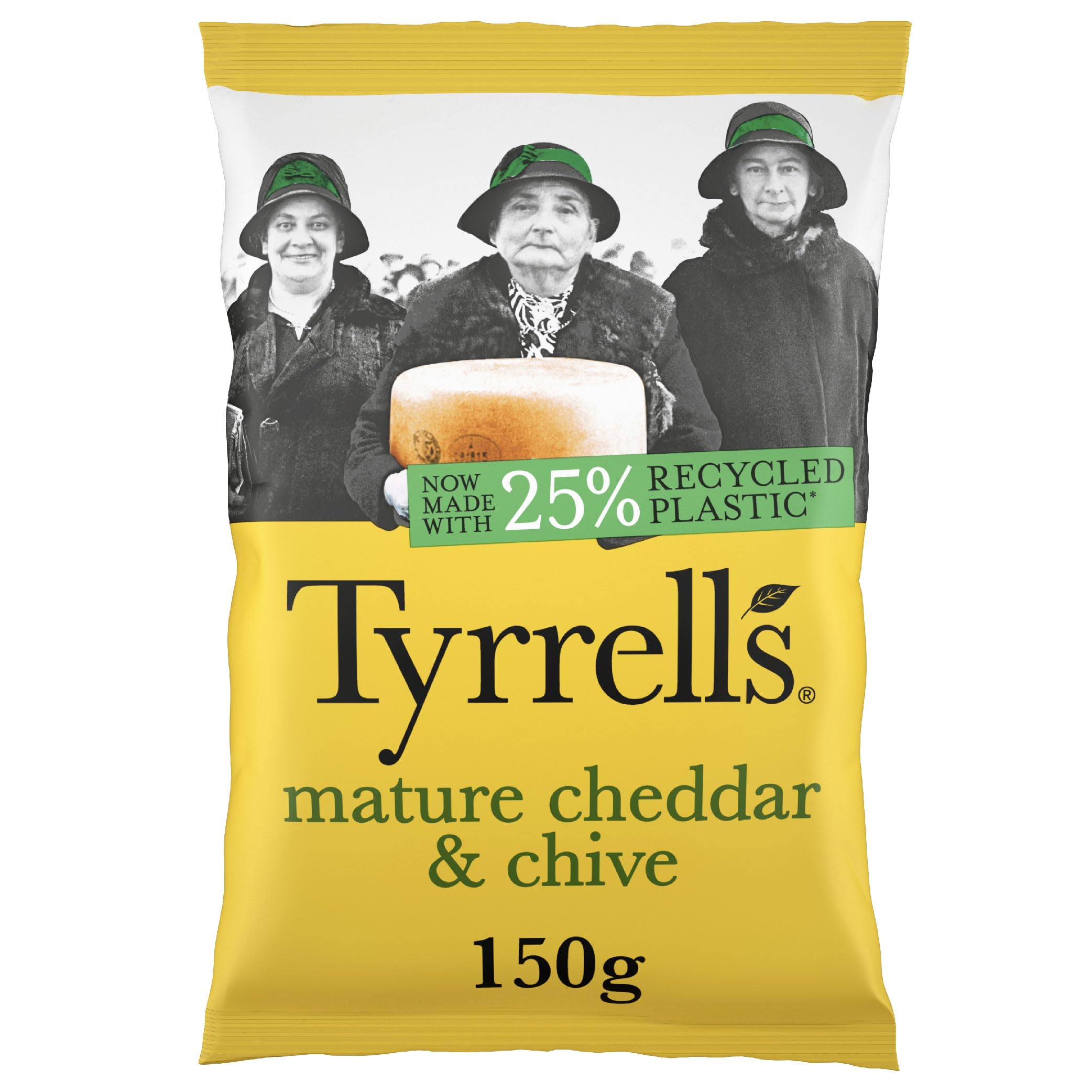 Tyrrells Crisps MATURE CHEDDAR & CHIVE Crisps 150g Bag - Hand-cooked & spun for an exquisite fresh taste. No artificial ingredients (No artificial flavour, colours or MSG)
