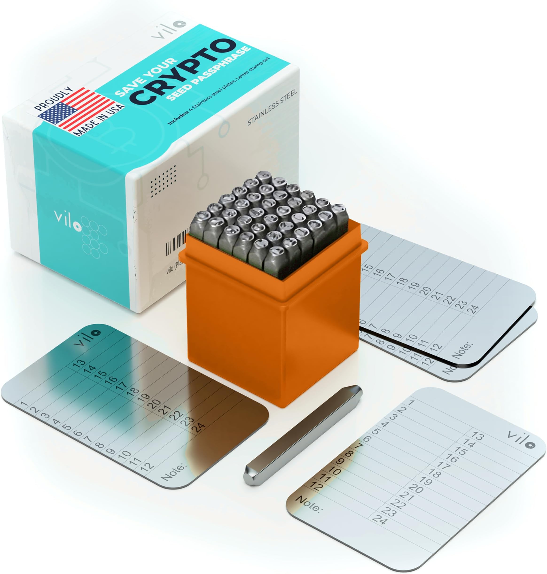 vilo 4 Stainless Steel Plates + Punch Set, 24 Crypto seed phrase storage, Crypto Cold Storage Seed Backup, Compatible with All BIP39, Ledger Nano, Trezor, KeepKey, Coldcard.