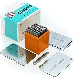 vilo (Plates + Punch Set Cryptocurrency Steel plate, 24 seed phrase storage, Stainless Steel Crypto Cold Storage Seed Backup, Compatible with All BIP39, Ledger Nano, Trezor, KeepKey, Coldcard.