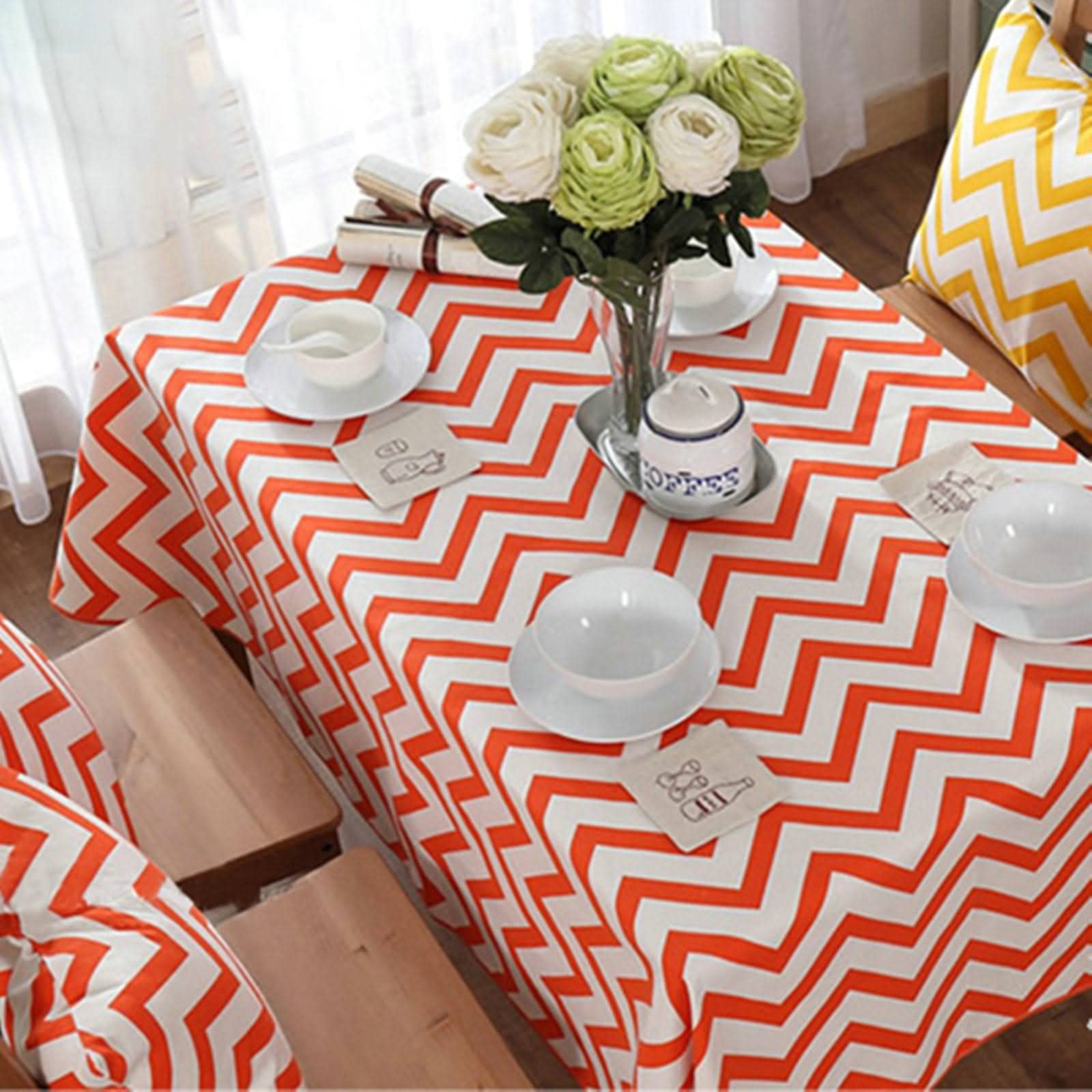 Tovaglia Antimacchia Shabby Tovaglie Rettangolari in Cotone Natalizie Ondulazione Geometrica Lino Copri Tavolo Etnico Cotone Lino Arancia Protezione Cucina 140X140Cm
