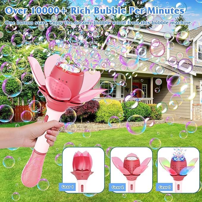 Image of Electric Bubble Stick for Kids, Automatic Bubble Machine 10000+ Bubbles Light Up Flower Bubble Wand Bubble Toys for Summer Outdoor Party Wedding (Blue)