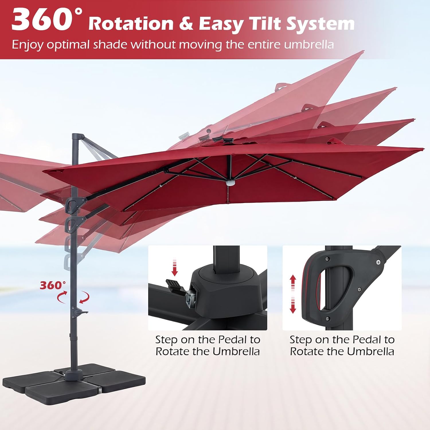 Tangkula 10ft Patio Umbrella with Solar Lights, Offset Cantilever Outdoor Umbrella with 32 LED Lights, Center Light, Aluminum Pole, 360 Degree Rotation, Tilt Adjustment, Air Vent for Pool Deck (Wine)