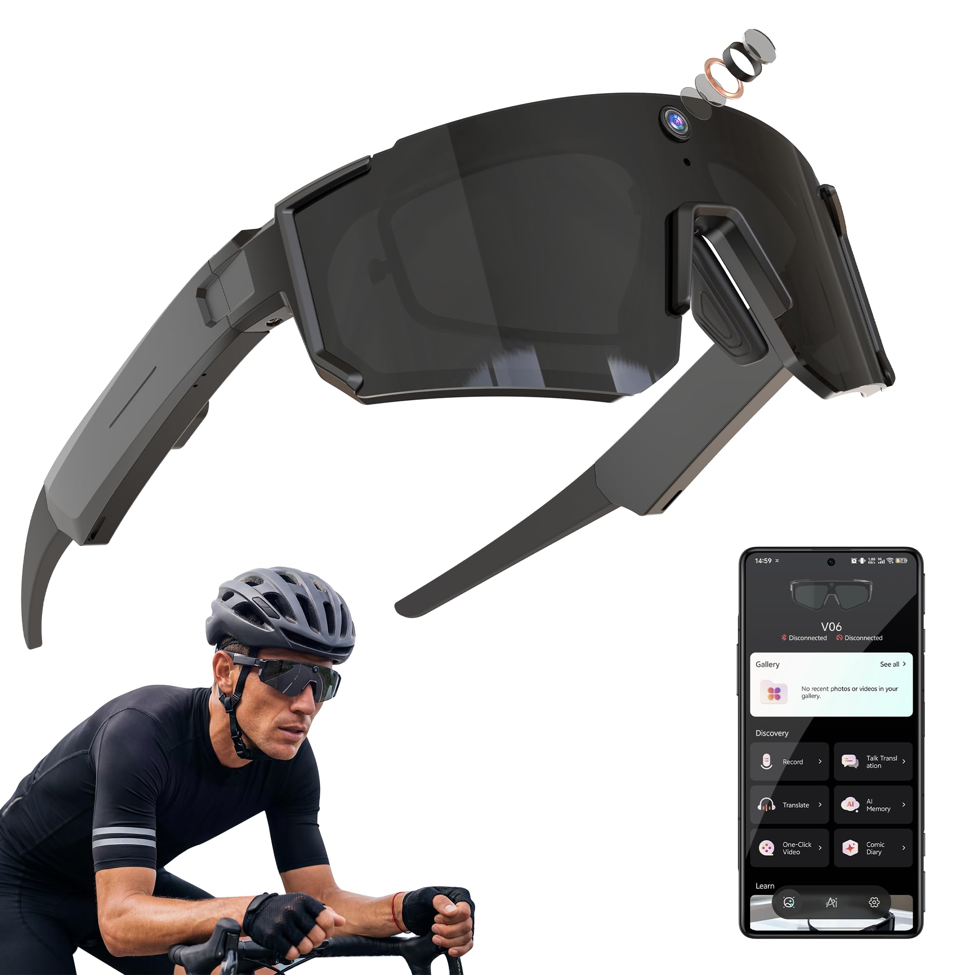 Photo 1 of Sport AI Smart Glasses with Camera and EIS Stabilization, Bluetooth 8MP HD Camera 1200P Video Recording, AI Voice Assistant Photo Recognition, Real-Time Translation, Polarized Lenses Sunglasses