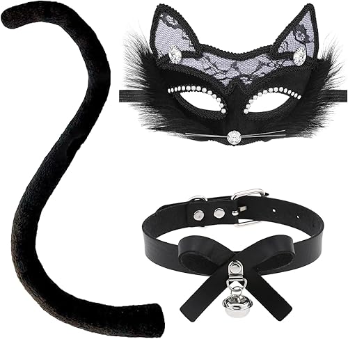Disfraz de gato negro de Halloween, disfraz de gato negro, máscara de encaje de gato, collar y cola para adultos, fiesta de disfraces