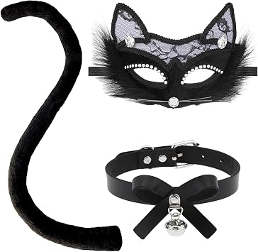 Halloween Black Cat Cosplay - Cat Lace Masquerade Mask, Necklace and Tail for Adults Party Fancy Dress