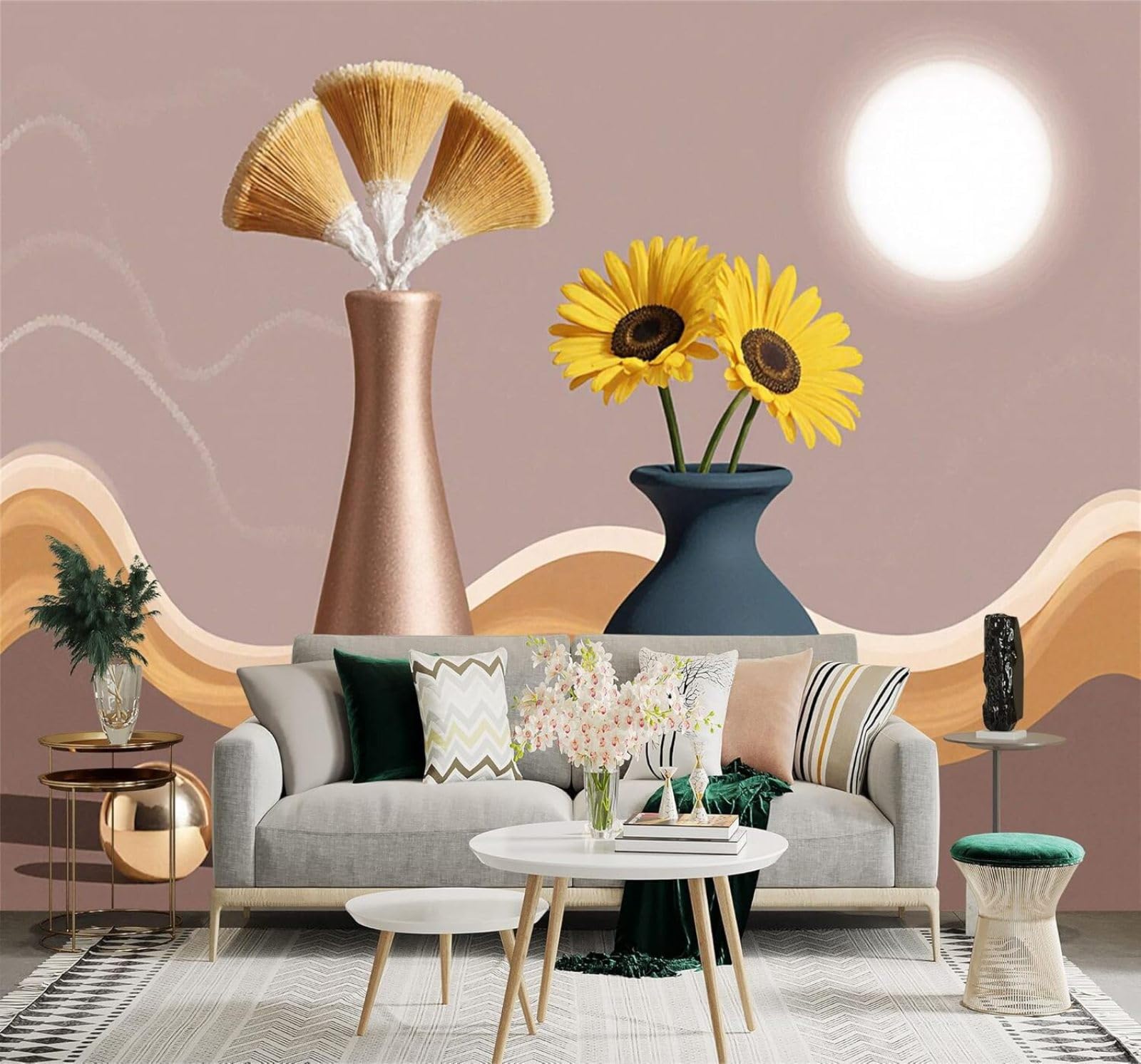 XLMING Minimalist Sunflowers Vase Abstract Waves Warm Tones 3D Wallpaper Silky Texture Home Study Office Grey Dining Room Sofa Bedroom Living Room TV Backdrop-300cm×210cm