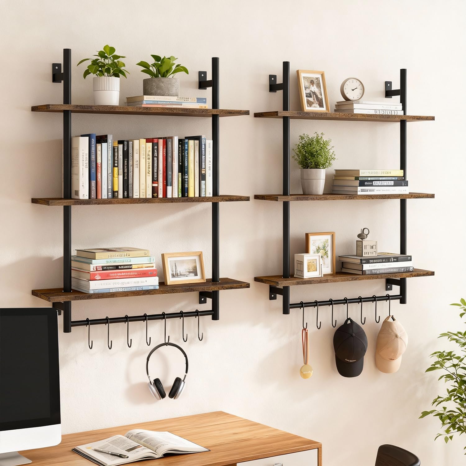 3 Tier Industrial Pipe Shelving, Floating Storage Book Shelves for Wall, Bathroom Floating Shelves with Towel Bar 8 Hooks, Kitchen Shelves Wall Mounted, 31.5 Inch Bar Shelf Wall Mounted