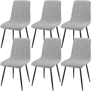 Juego de 6 Sillas de Comedor, Sillas Tapizadas con Tela de Lino y Patas de Metal Negro, Diseño de Rayas, Sillas de Comedor para Comedor Sala de Estar Dormitorio Cocina Salón Recepción, Gris