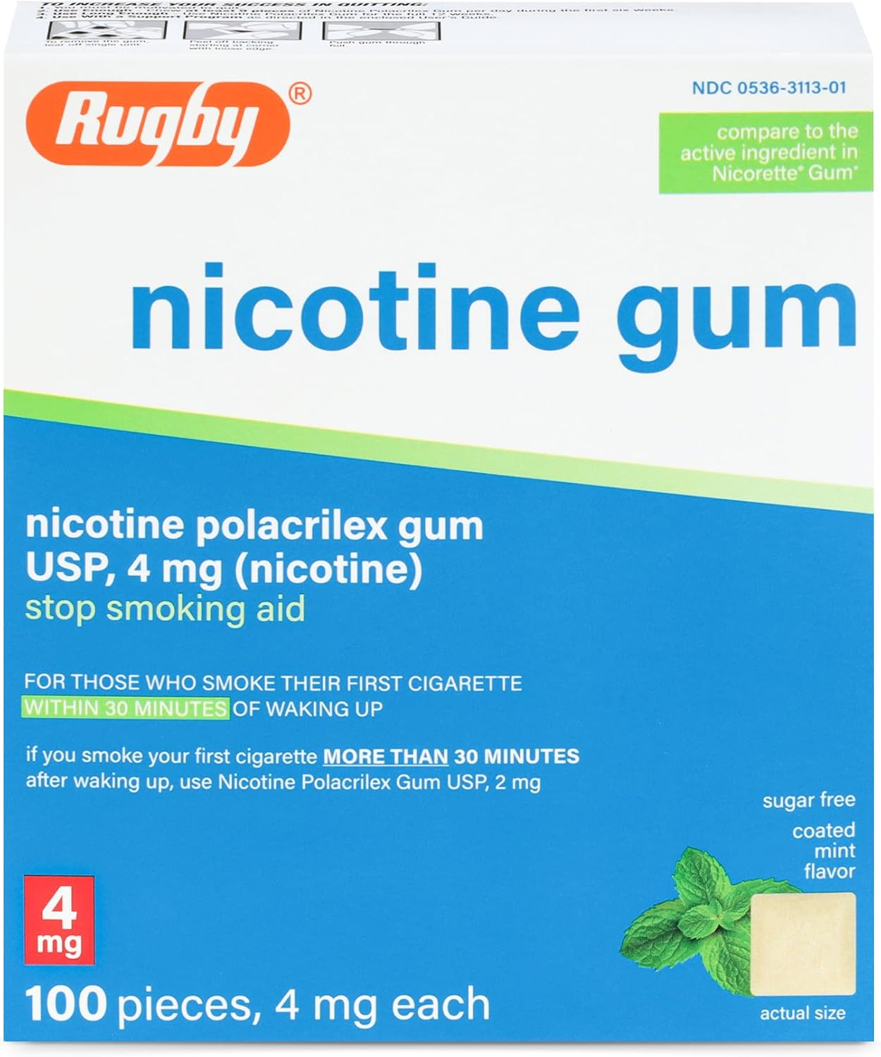 Rugby Polacrilex 4mg Nicotine Gum - Mint Flavor, Quit Smoking and Vaping Aid, Sugar-Free, 100 Count (1-Pack)