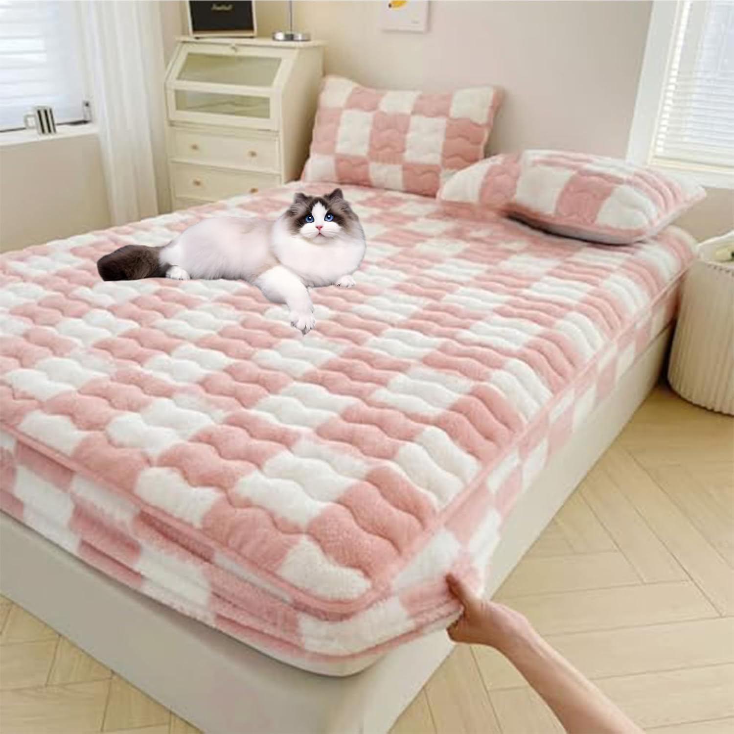 Milk Velvet Checkered Bedding Mattress Cover, Fuzzy Flannel Fluffy Twin Fitted Bed Non-Slip Protector, Plush Sheet (Pink, 35.4*78.7IN)
