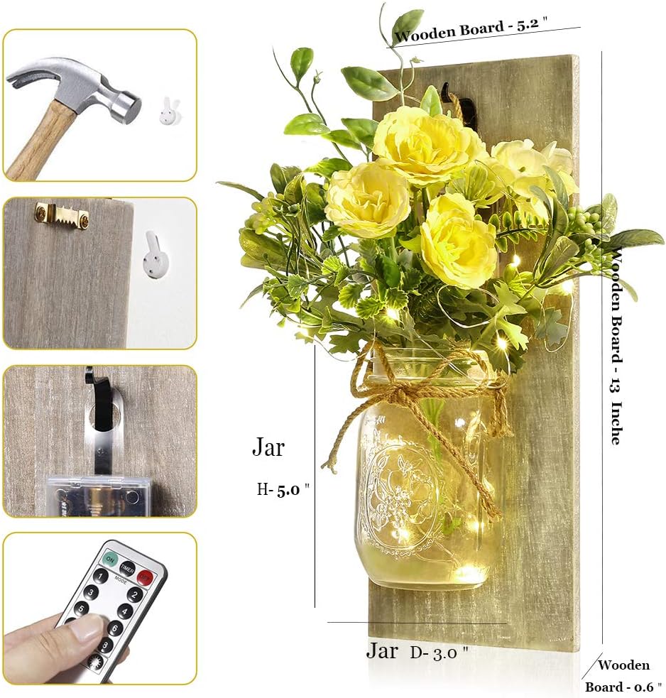 Wall Decor Mason Jar Sconces - Rustic Farmhouse Home Decor with Remote Control Wall Lights and Yellow Rose for Bedroom Wall Decor Living Room Kitchen Decorations Set of Two