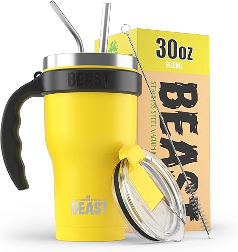 BEAST - Juego de vaso de limón de 30 onzas con asa, taza de café de acero inoxidable + 2 cepillos para pajillas, caja de regalo y mango negro disponible en Yaxa Peru
