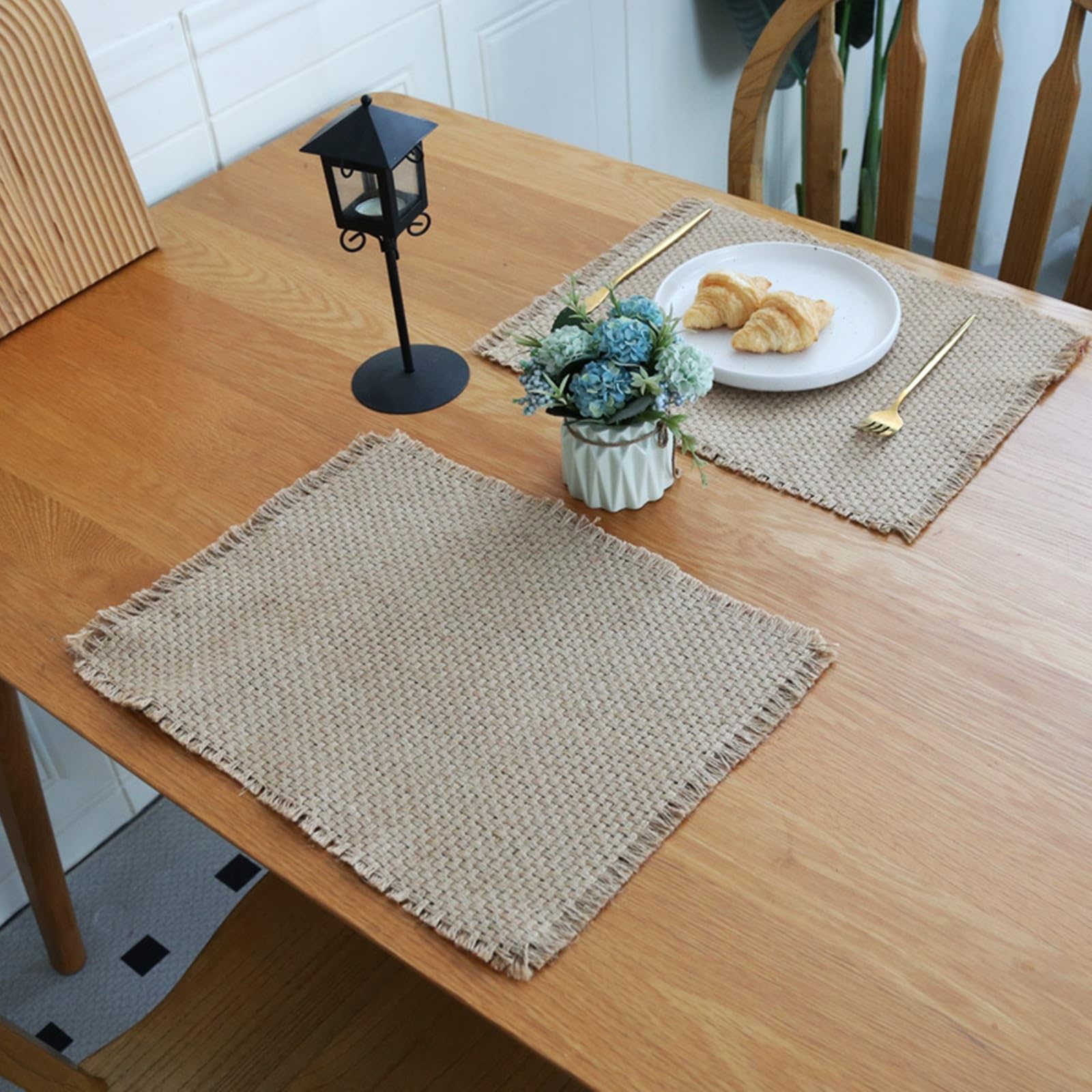 Platzsets Jute Ramie Einfarbig Gewebt Textur Quaste, Rechteckig Tischmatte Braun 30x40cm für Restaurant Speisetisch, 8er Tischset Natur