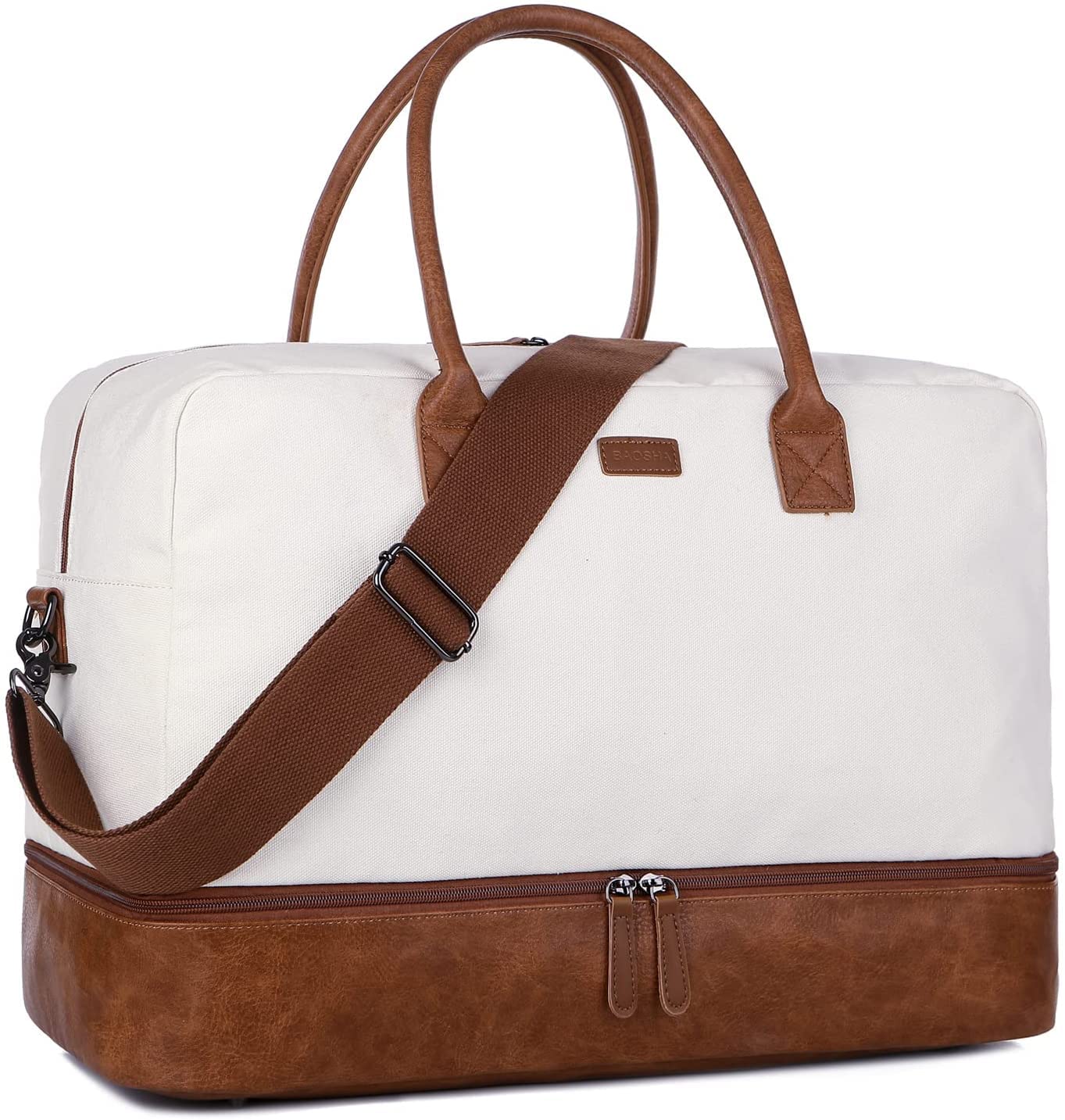 Bolso de mujer para viaje fin de semana, equipaje de mano de lona con compartimento para zapatos y neceser HB-10, blanco/beige, Vintage