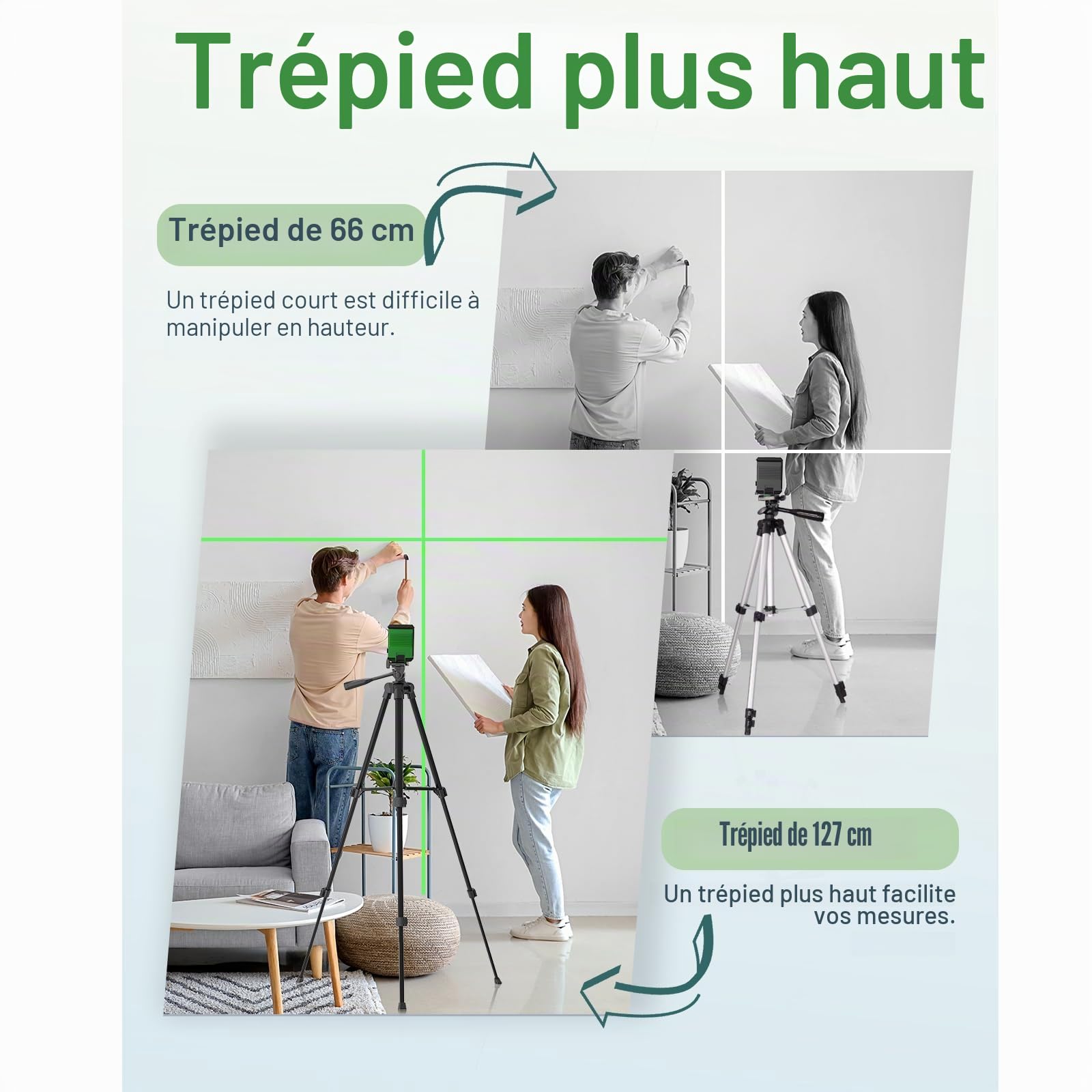 Niveau Laser 360° avec Trépied de 127 cm, Lignes Croisées Auto-nivelantes Vertes, Outil Laser Horizontal et Vertical pour Accrocher des Tableaux, Rénovation Domicile – Piles AA et Pochette incluses