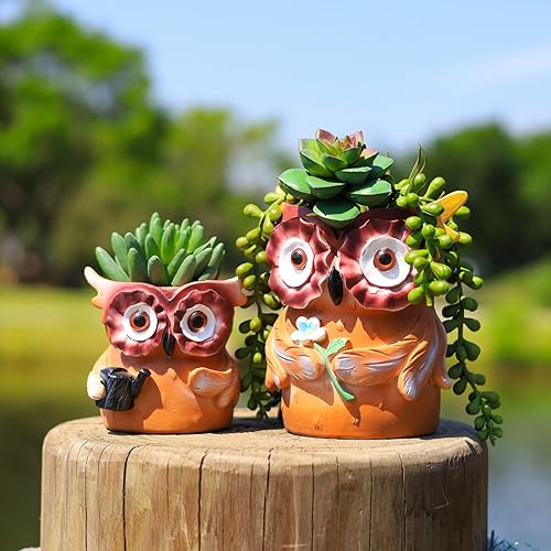 Miniatura 5 de SnugMaker Maceta de animales con diseño de búho, maceta de resina para suculentas con drenaje, macetas únicas para plantas de interior, decoración