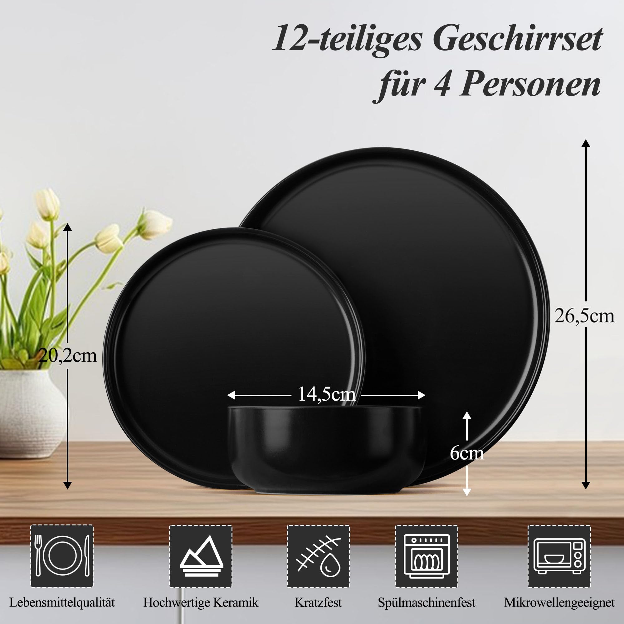 Joyfair Service de table pour 4 personnes, 12 pièces, en grès, émaillage réactif, avec assiettes plates, assiettes à dessert, bols à céréales, passe au micro-ondes et au lave-vaisselle, noir Abyssal