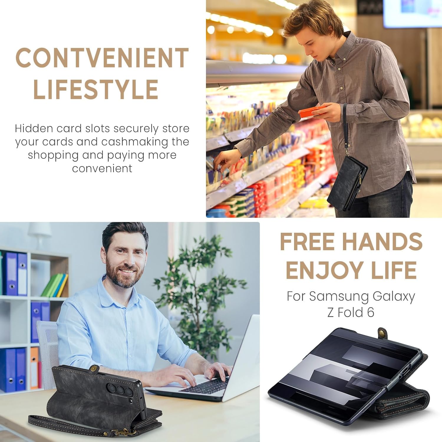 Asuwish Phone Case for Samsung Galaxy Z Fold 6 5G 2024 Zipper Wallet Magnetic Detachable Cover with PU Leather Flip Credit Cash Card Holder Cell Slot Accessories ZFold6 Z6 G Fold6 6Z Women Men Black