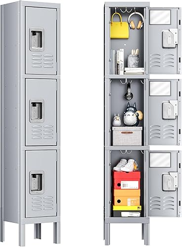 INTERGREAT Armario de almacenamiento para empleados, oficina, armario de gimnasio de metal con 3 puertas, armario de armario gris acero para la