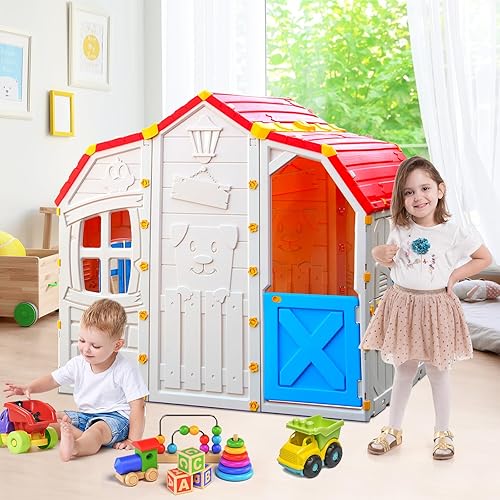 Miniatura 2 de Costzon Casa de juegos espaciosa para niños, juego realista con ventanas que se pueden abrir, puertas de trabajo, techo rojo y bonitos patrones de