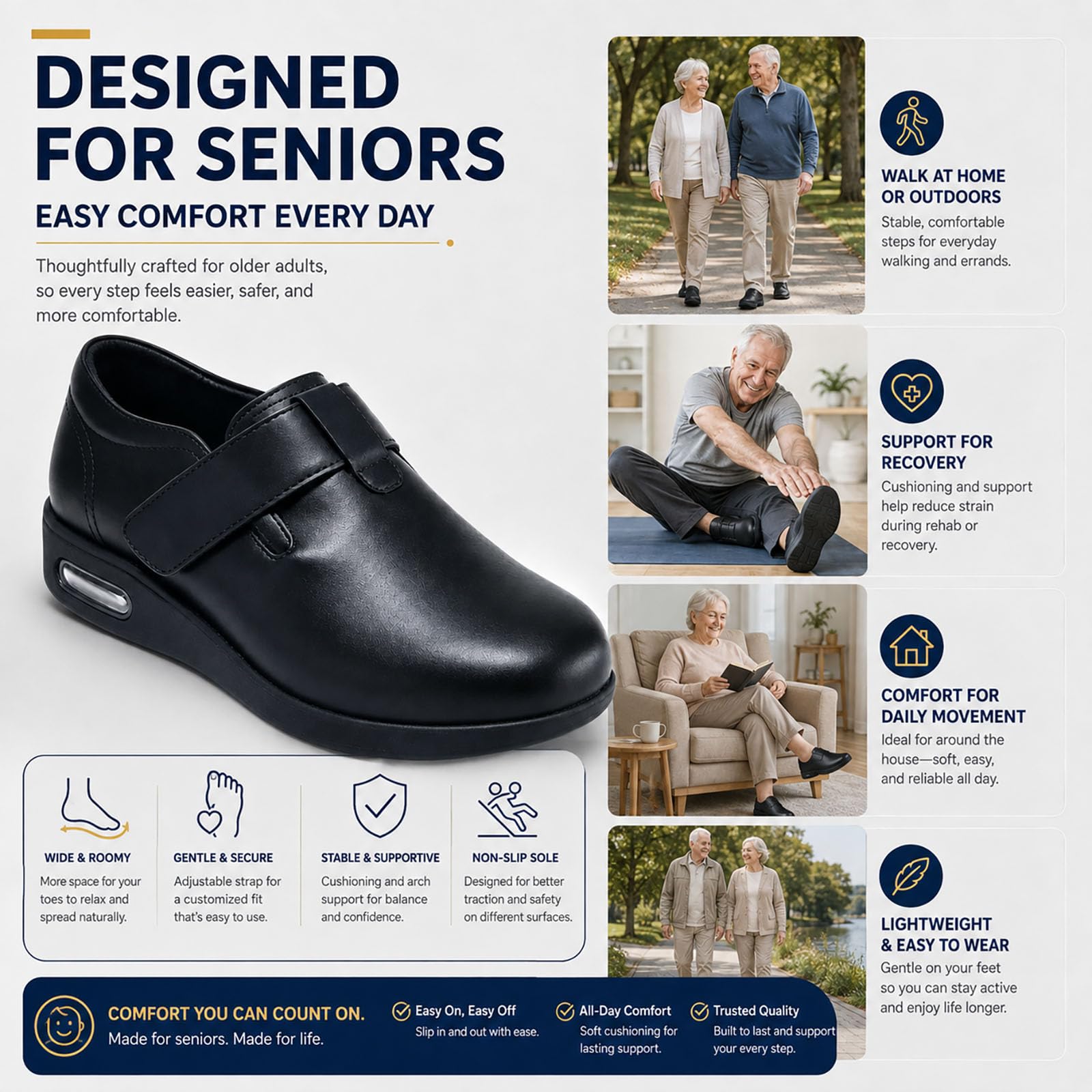 Generisch Seniors Shoes with Fastening Swollen Feet Extra Wide Slippers