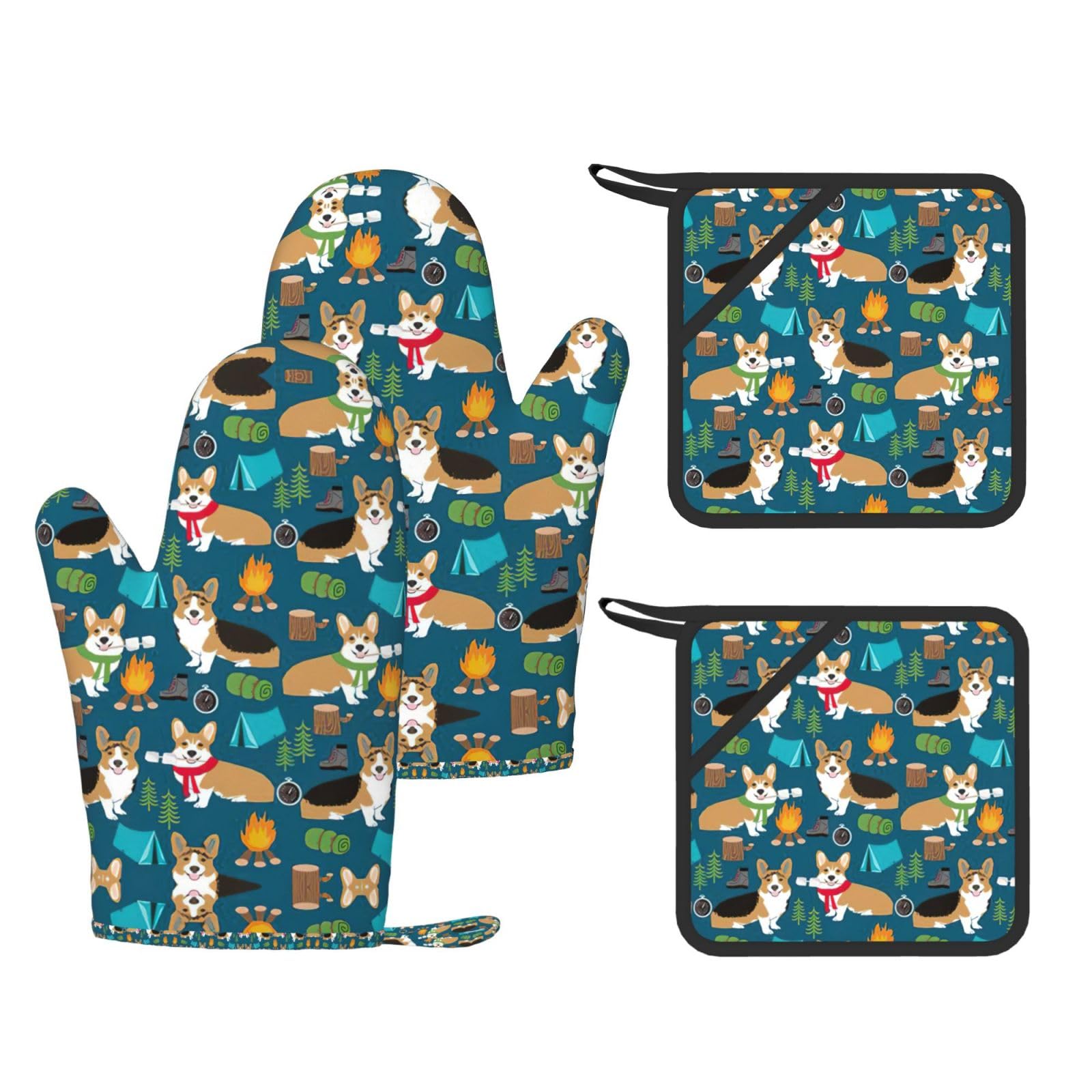 Corgi Trendy Printed Kitchen Set with Heat Resistant Gloves & Non-Slip Hot Pads for Baking & Grilling