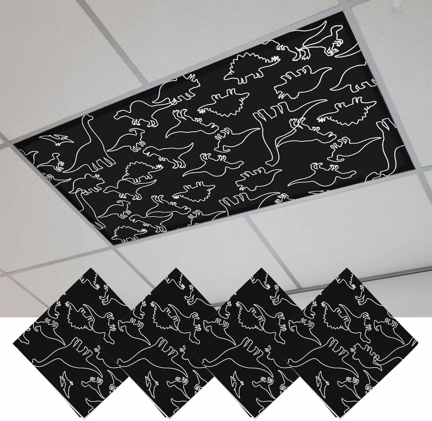 Black Dinosaur Fluorescent Light Covers for Ceiling Lights 4x2 feet,4 Pack Magnetic Light Filters for Classroom,White Abstract Animals Cute Cartoon Fluorescent Lamp Shade Panel for Office School Drop