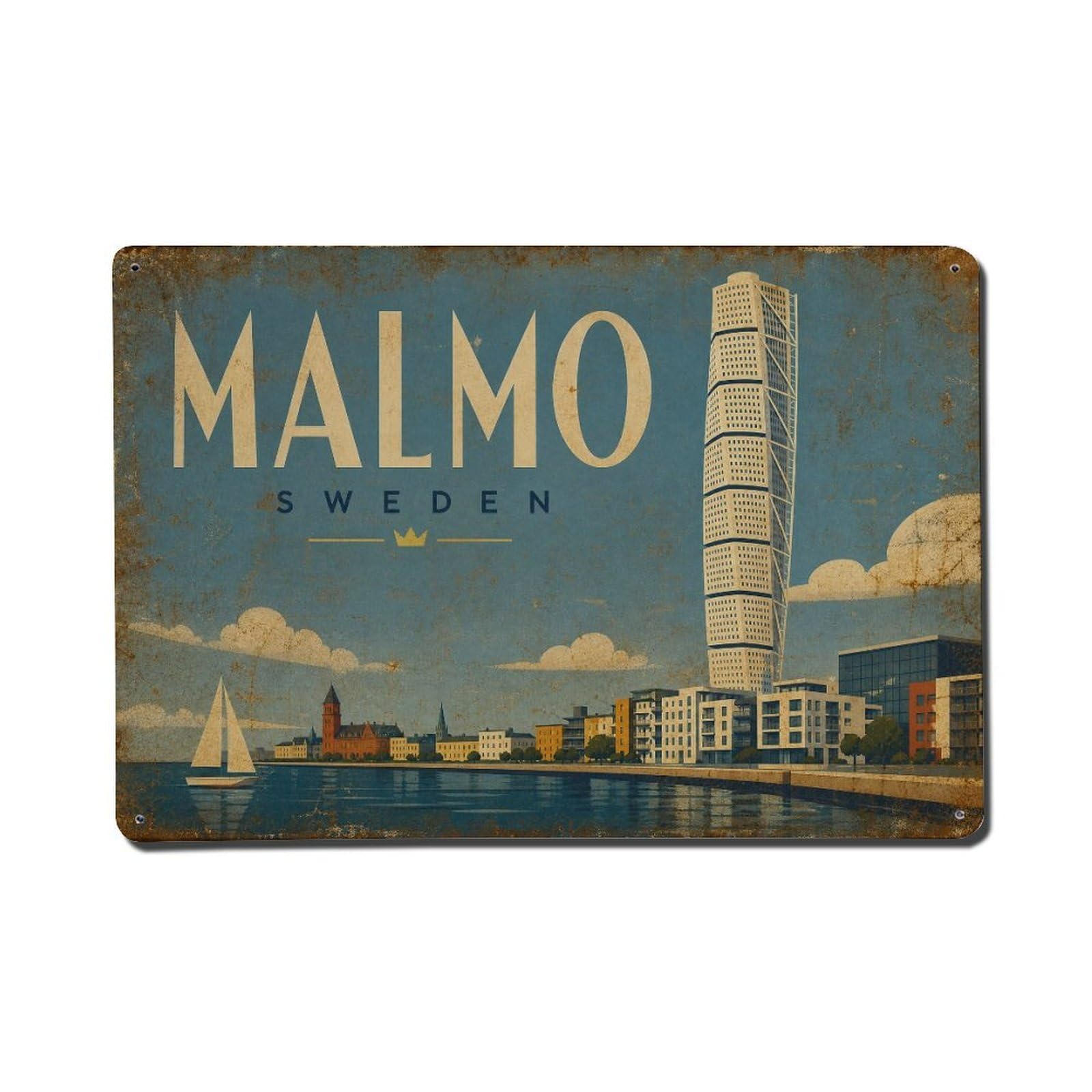 Travel Vintage Sweden Malmo Metal Tin Sign