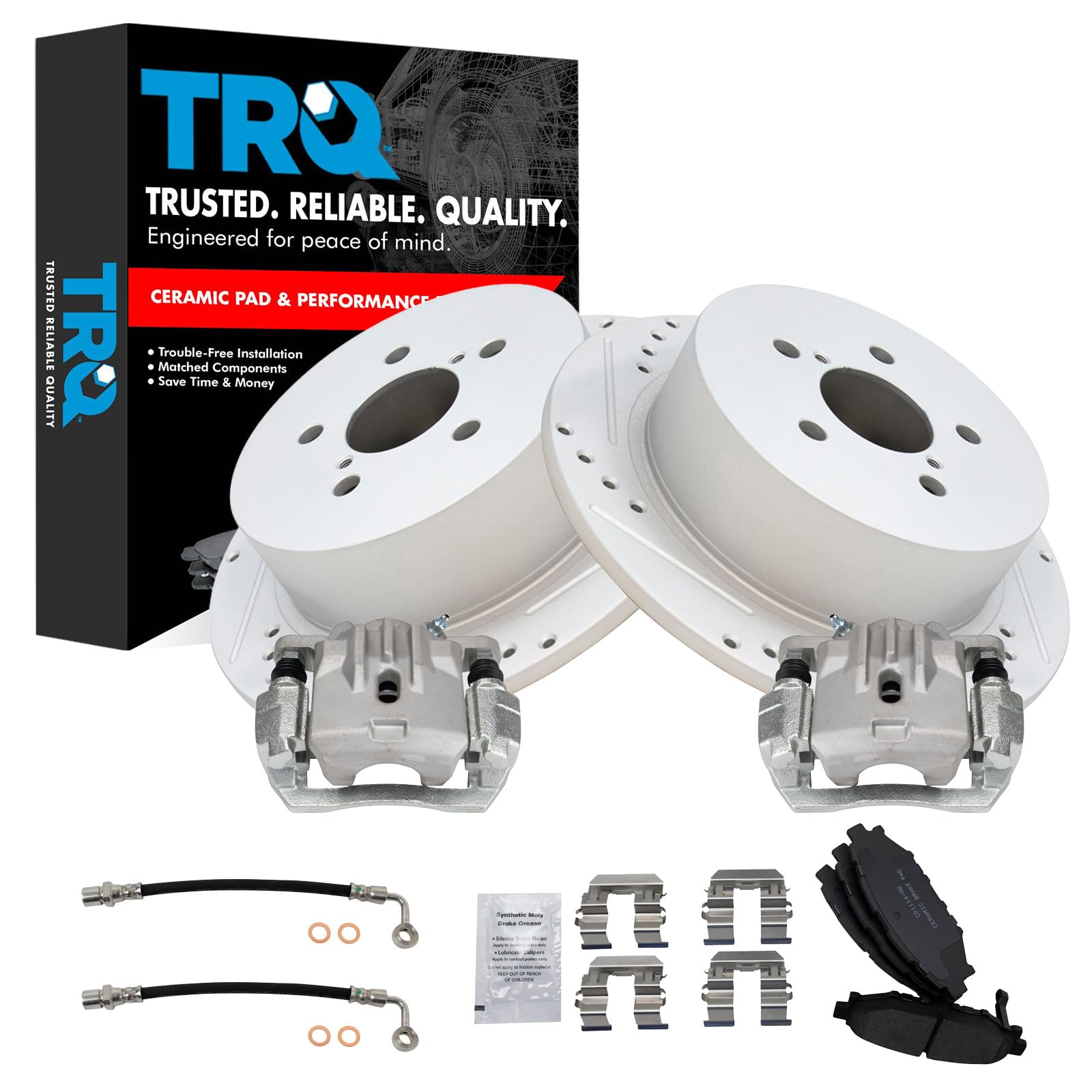 TRQ Performance Rear Brake Pad and Rotor Set Ceramic Slotted Drilled Coated Rotors Calipers Compatible with 2006-2009 Subaru Legacy