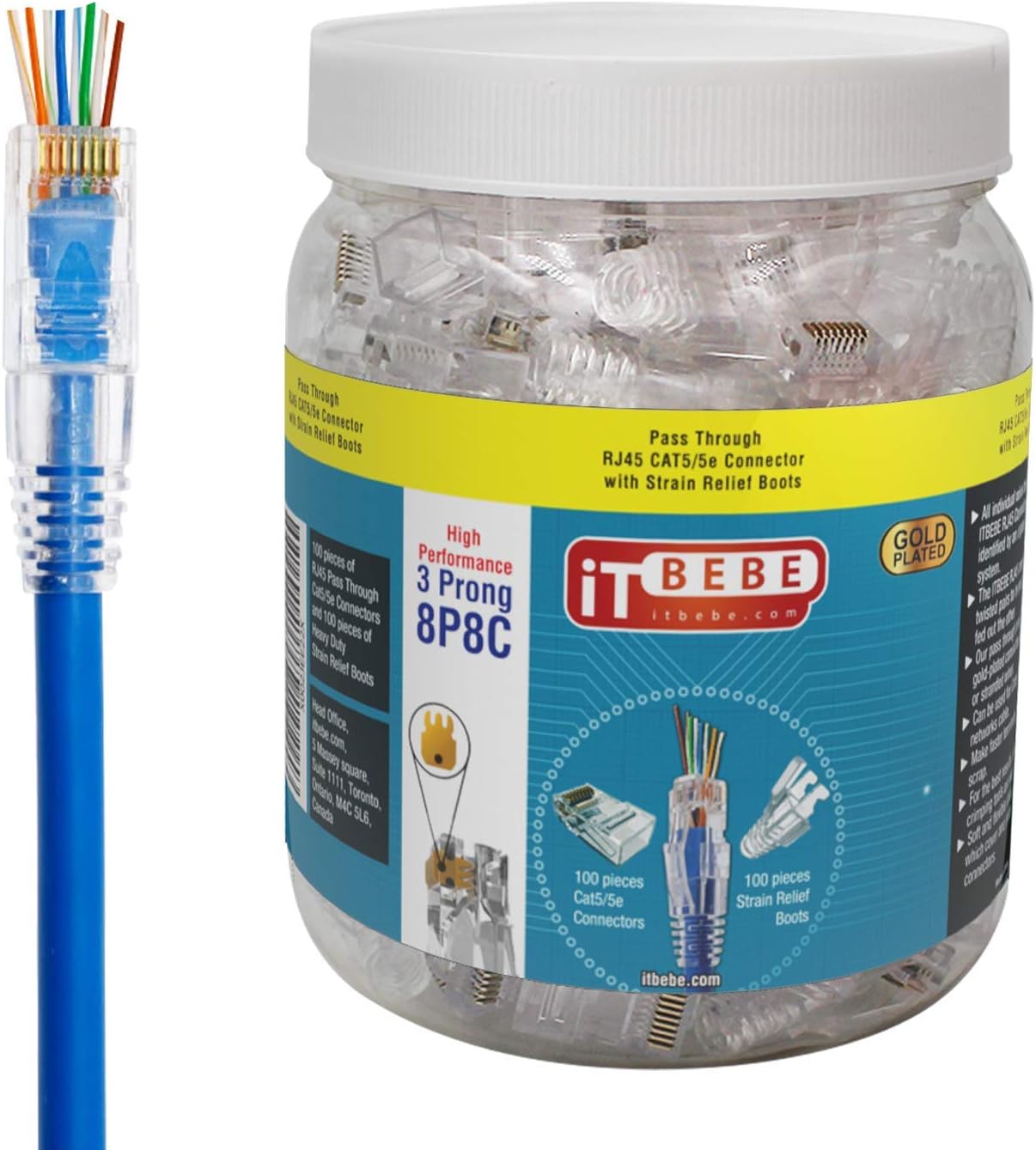 ITBEBE 100/100 RJ45 Cat5 Cat5e Pass Through Connectors for 24 AWG Cables - 100 Cat5e Passthrough Connector Ends and 100 RJ45 Connectors Clear Strain Relief for Clean, snag-Free Ethernet Patch Cord