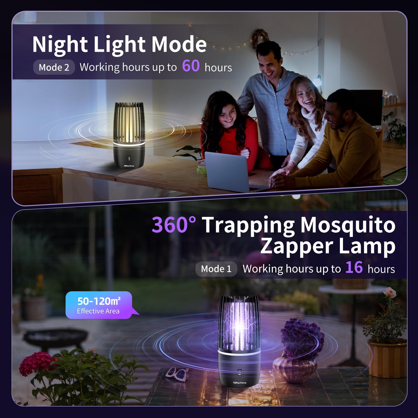 Lampe Anti Moustique, Lampe électrique Anti Insectes 4000mAh Rechargeable USB Piège à Mouche Insectes 360 ° UV Électrique Anti Moustique Veilleuse Intérieur Extérieur Veilleuse Puissant Attrayant