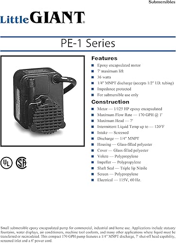 Miniatura 9 de Little Giant PE-1H 518203 Bomba sumergible sumergible de accionamiento directo sumergible de 115 voltios, 1125 HP, 170 GPH encapsulada con epoxi con