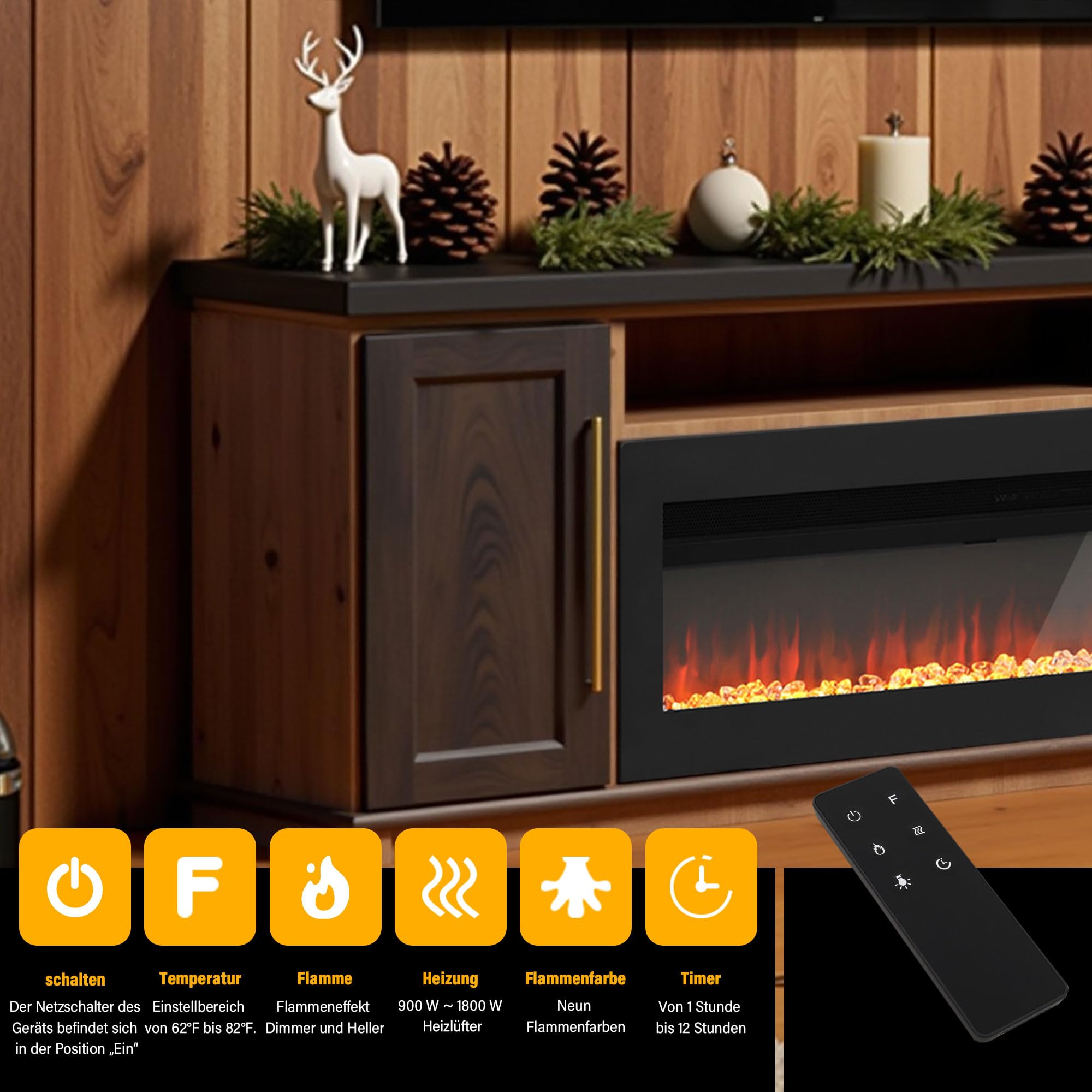 Elektrischer Kamin, an der Wand montiert/vertieft/frei stehend 40 Zoll Raumheizung mit Fernbedienung einstellbare Flammen Farben Touch Screen Energieeinsparung