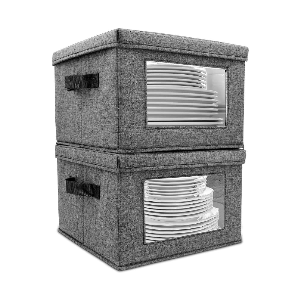 HOMELUX THEORY China Storage Containers | 2 pc. ULTRA THICK HARDSHELL ALL SURFACES & COVER Dish Storage Containers | 10" x8" Stackable Plate Storage Containers w/ 30 Felt Pads| Dinnerware Storage Box