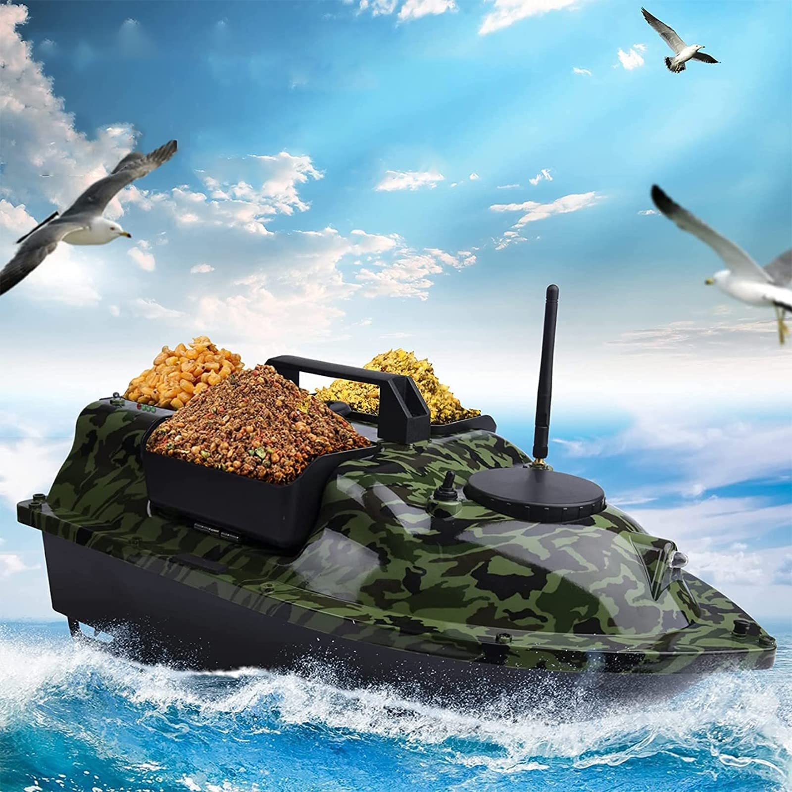 Barco Cebador Pesca Inteligente, Posicionamiento GPS, 500m Barco de Cebo teledirigidos de Pesca con 3 contenedores de Cebo y localizador de Peces, Carga máxima 2kg