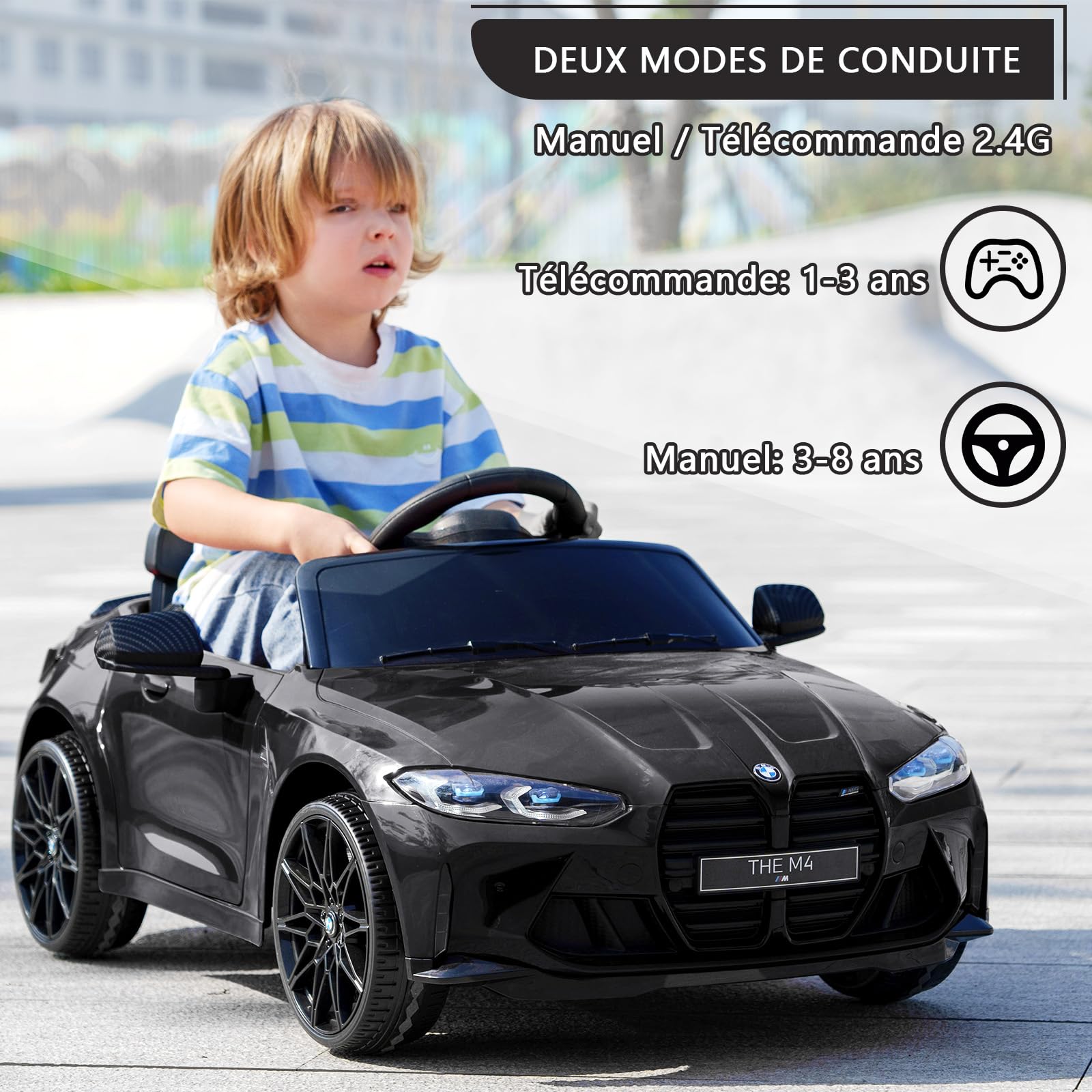 Samochód elektryczny dla dzieci w wieku 3-8 lat, 12 V, licencjonowany, pilot zdalnego sterowania 2,4 GHz, światła LED, muzyka, pas bezpieczeństwa, podwójne drzwi i port USB. kolor czarny.