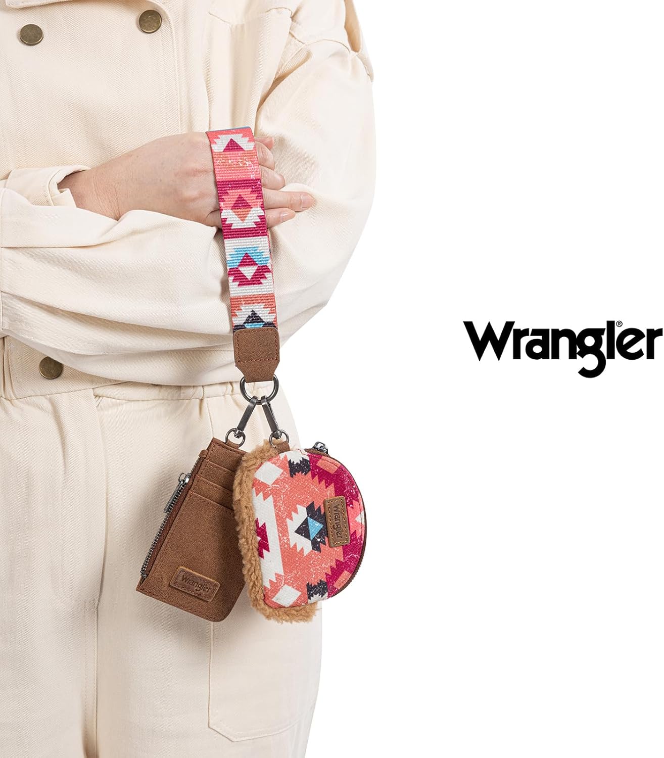 Wrangler Western Keychain Wristlet Wallets for Women Dual Pouch Wristlet Sherpa Coin Purse for Women Keychain Card Holder WG166-W0051BR - Image 2