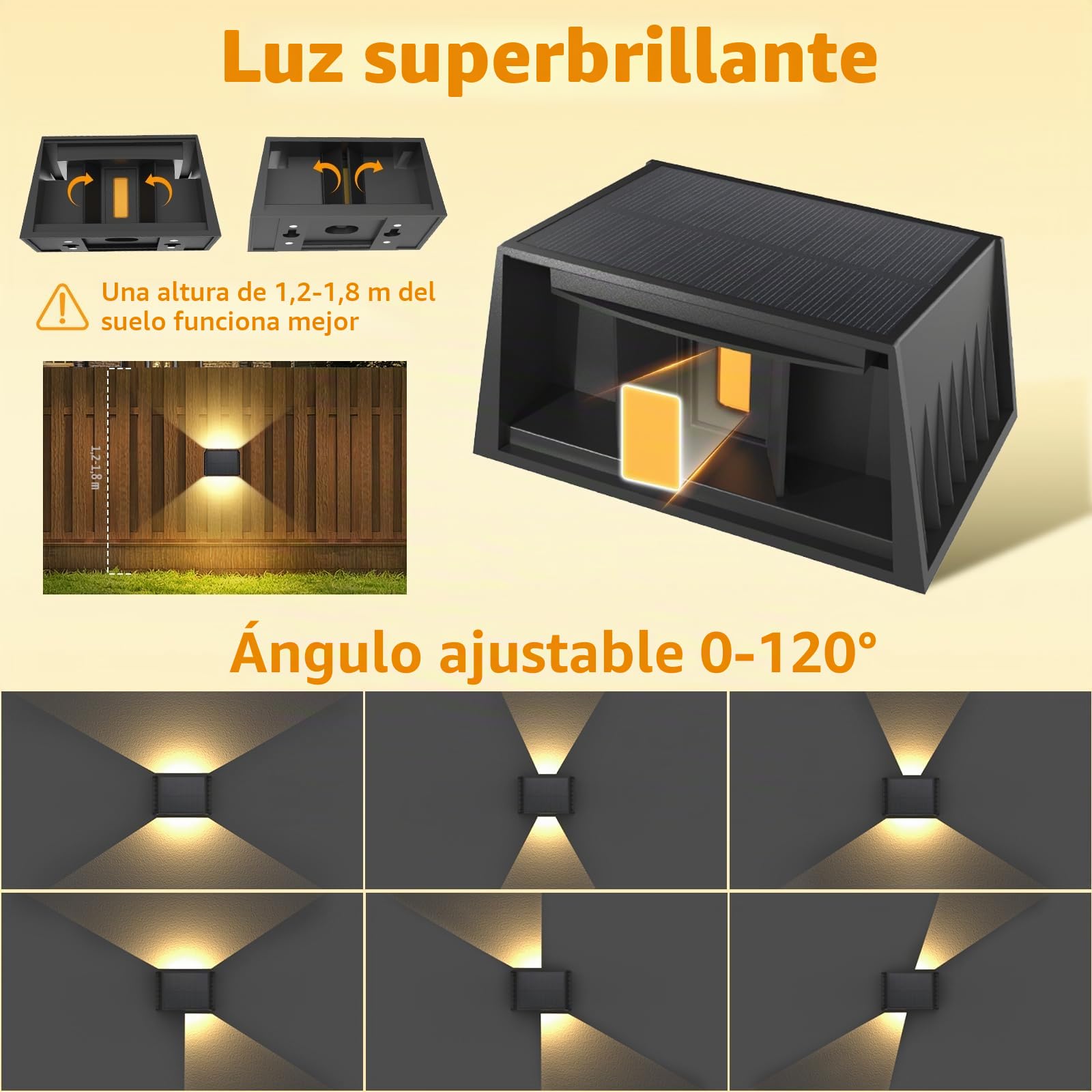 Aplique Solar Pared Exterior, T-SUNUS Lámparas Solares Exteriores Pared, Ángulo Del Haz Arriba y Hacia Abajo, 3000K Blanco Cálido Luces Solares, para Jardín Camino Garaje Patio Terraza, 8 Piezas