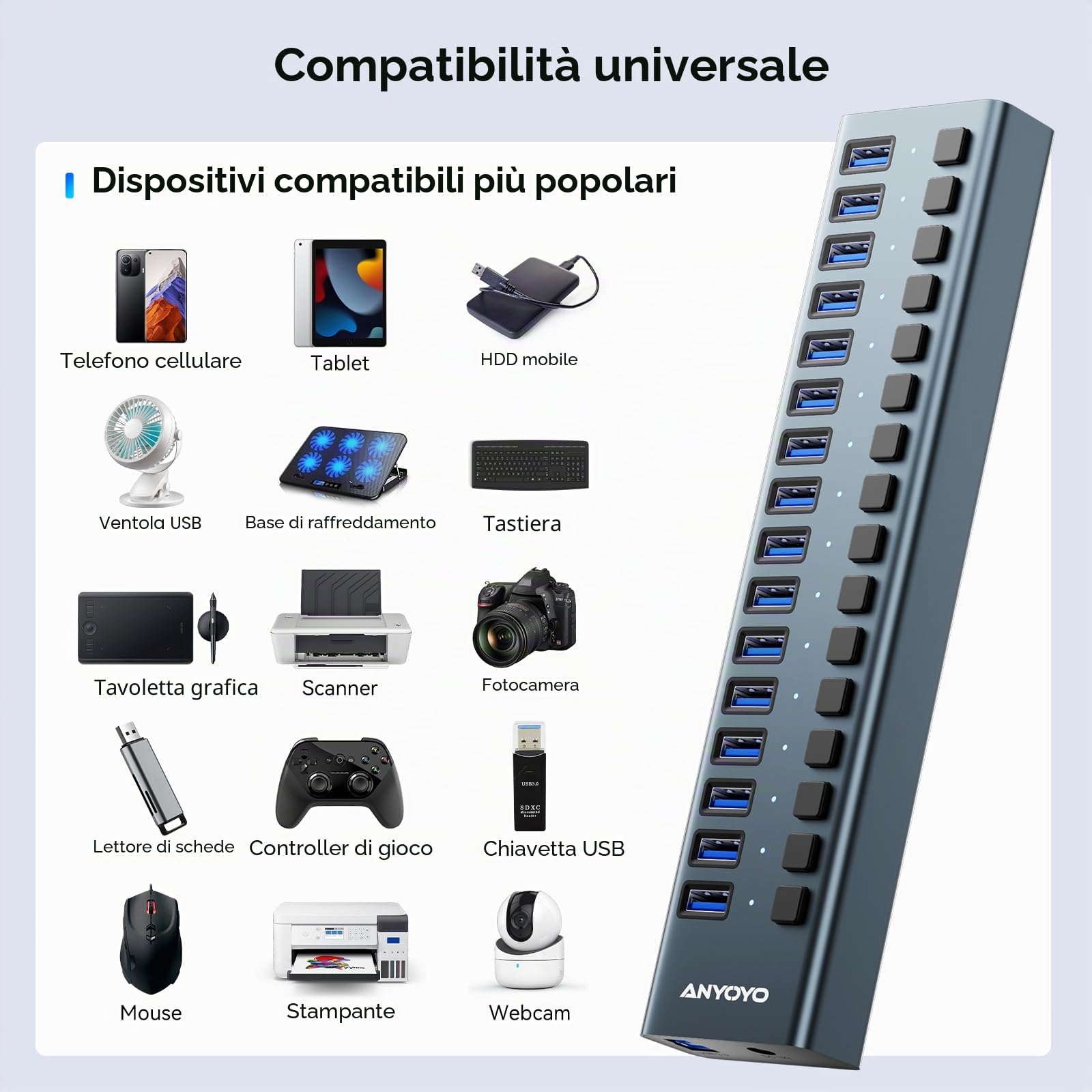 Hub USB Alimentato 90W (12V/7.5A) - Multiport USB 3.1 con 16 porte A 10Gbps,ANYOYO multipresa usb per Laptop e PC,Dispositivi di Archiviazione- Alluminio