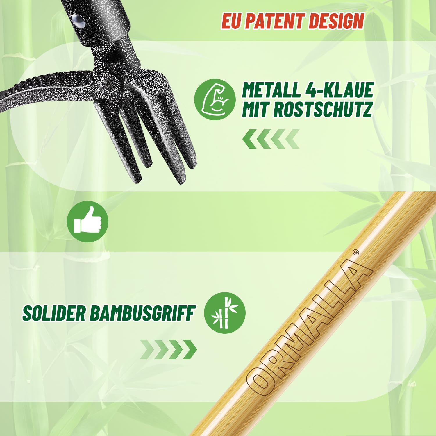 Unkrautstecher, 1.1m Langem Stiel, Löwenzahn Entferner, Natürlicher Bambusgriff und 4 Metallkrallen, Aufrecht Stehender Unkrautentferner, Haustierfreundlich(Upgrade) (1.1m)