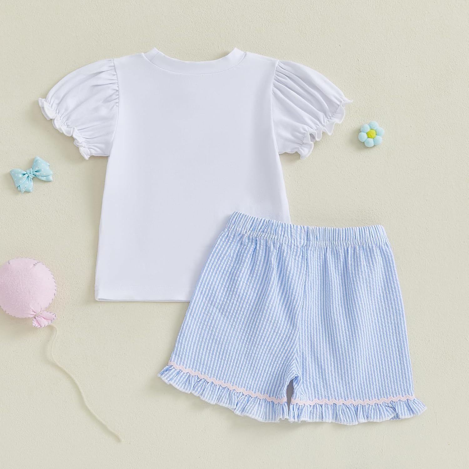 Lamuusaa Baby Girl Clothes Bubble Sleeve Embroidery T-shirt Tops Ruffle Stripe Shorts 2Pcs Toddler Girl Summer Outfit - Image 7
