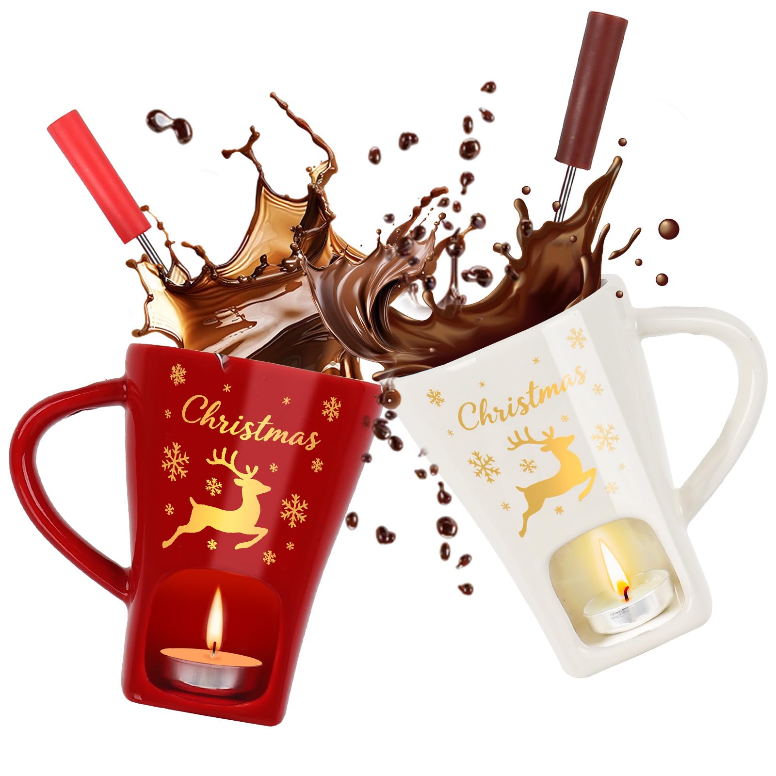 HANEVEAR 2 Pack Chocolate Fondue Mug, Mini Chocolate Melting Mug with 4 Forks and 4 Tealights, Ceramic Fondue Cup with Festive Holiday Pattern for Cheese, Butter - Birthday, Christmas, Wedding Gift