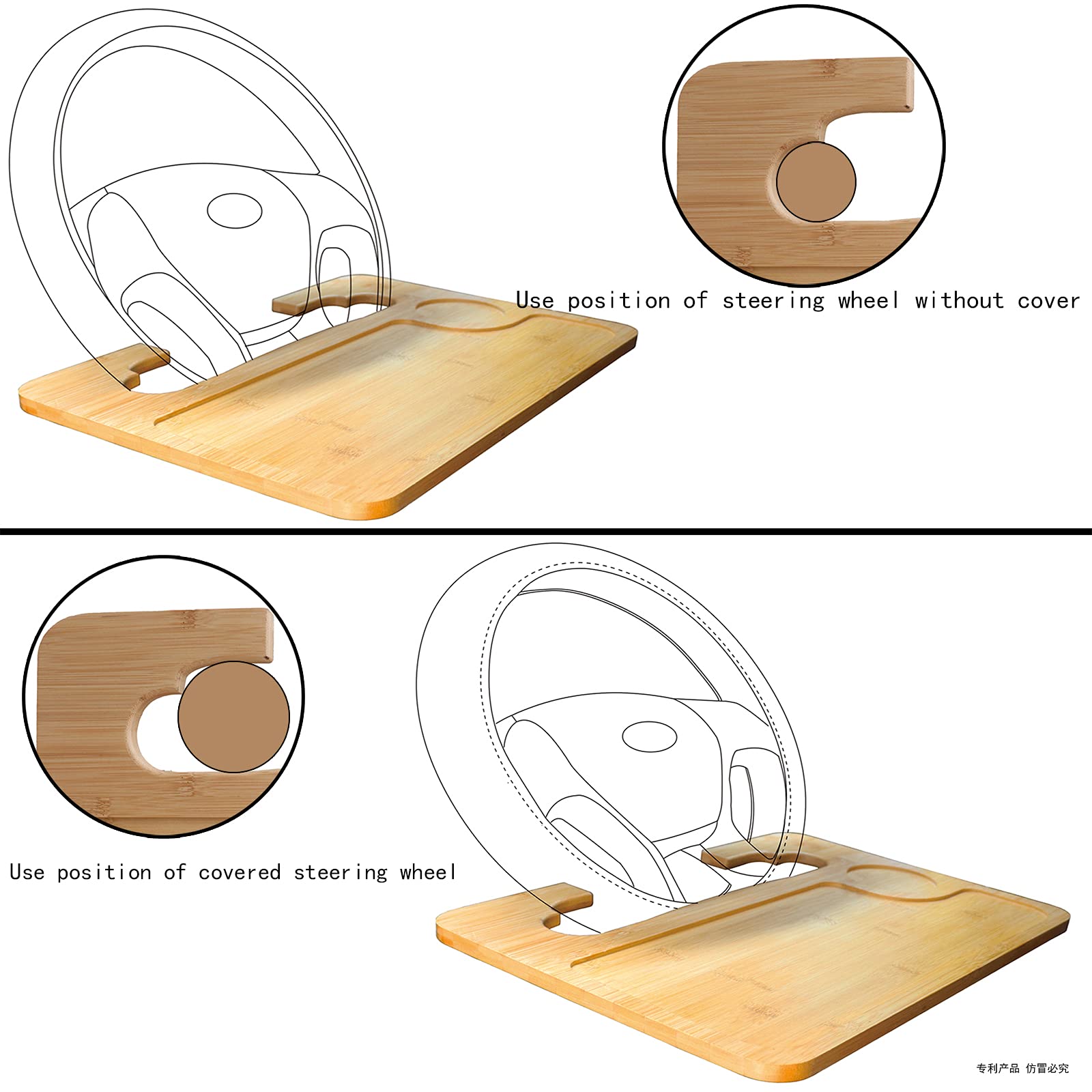 Bamboo Double-Sided Steering Wheel Tray, NEWZINIU car Table,Dining Tray and Laptop Desk, Smooth Finish Steering Wheel Desk for Laptop, iPad or Notebook