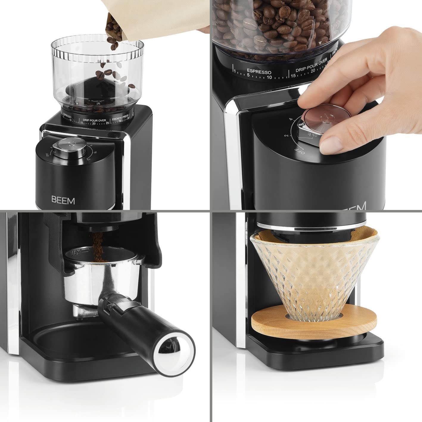 BEEM GRIND-PERFECT Elektryczny młynek do kawy, 250 g, 35-stopniowa regulacja stopnia mielenia, mielenie stożkowe, dozowanie regulowane pokrętłem (2-12 filiżanek), bezpośrednio w uchwycie sitowym o