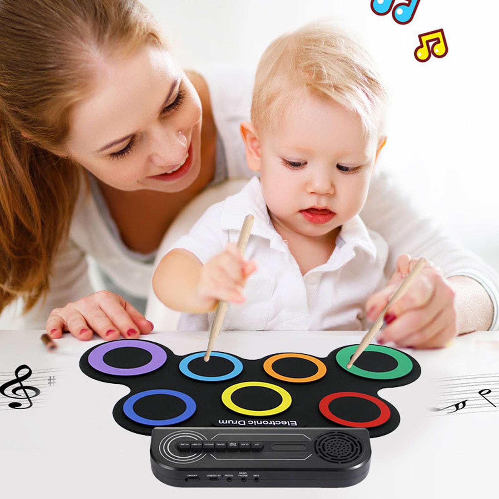Tissting Batería Electrónica Plegable 7 Pads Con Parlante - Regalo Infantil Portátil Recargable Para Fiestas Y Clases De Música
