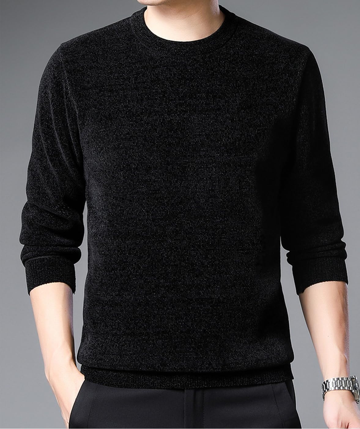 Men's Chenille Crewneck Sweater Long Sleeve Regular Fit Knitted Winter Fleece Pullover Warm Fleece Lined Sweatshirts - Image 2