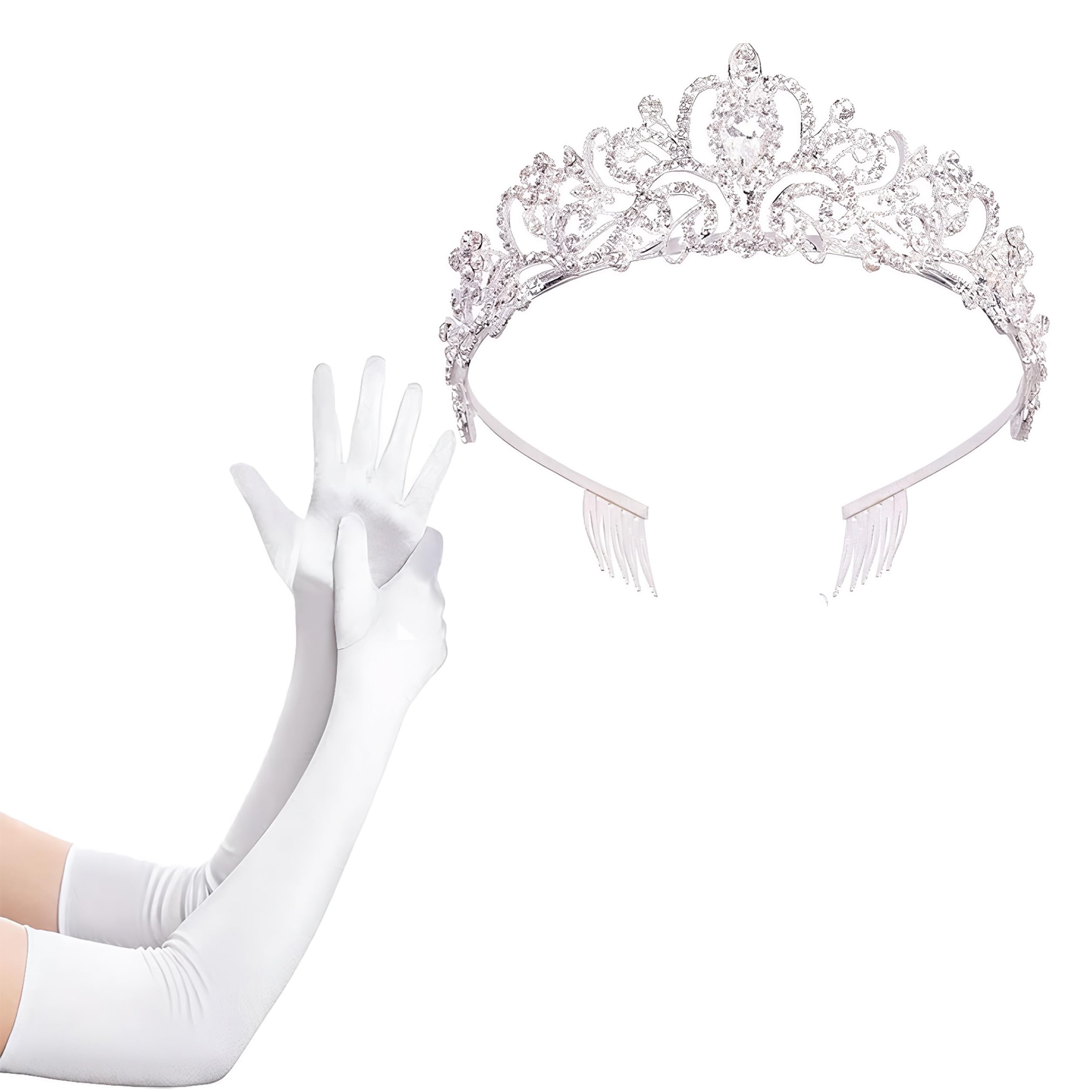 SEAUR Princess Crown Satin Long Gloves Set for Women Elbow Length Opera Gloves Rhinestone Costume for Prom Birthday Party,White