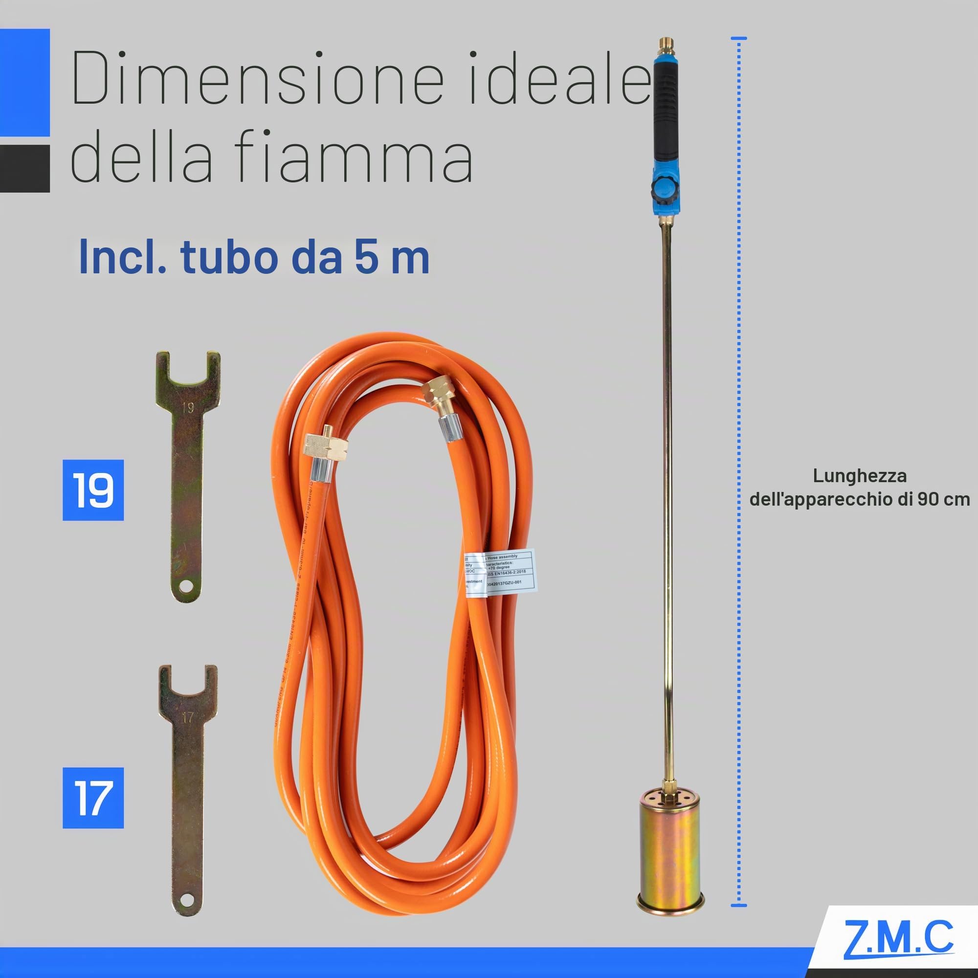 Z.M.C Bruciatore di erbacce 1850°C, Ø60mm, bruciatore ad alte prestazioni, 69kW, lunghezza tubo 90cm, tubo flessibile 5m, impugnatura ergonomica, diserbante per giardino, tetto, legno e officina con