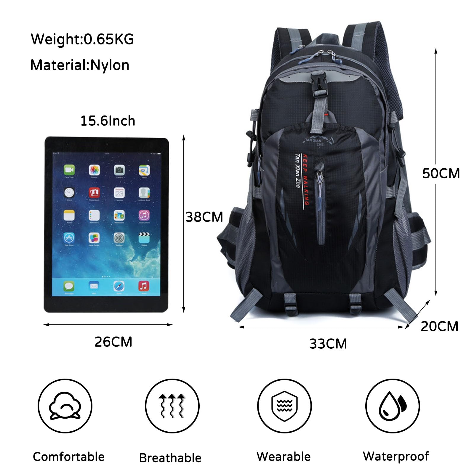 Sac à Dos Randonnée 40L Imperméable Trekking Hiking Backpack pour Femme Homme Cyclisme Escalade Sport