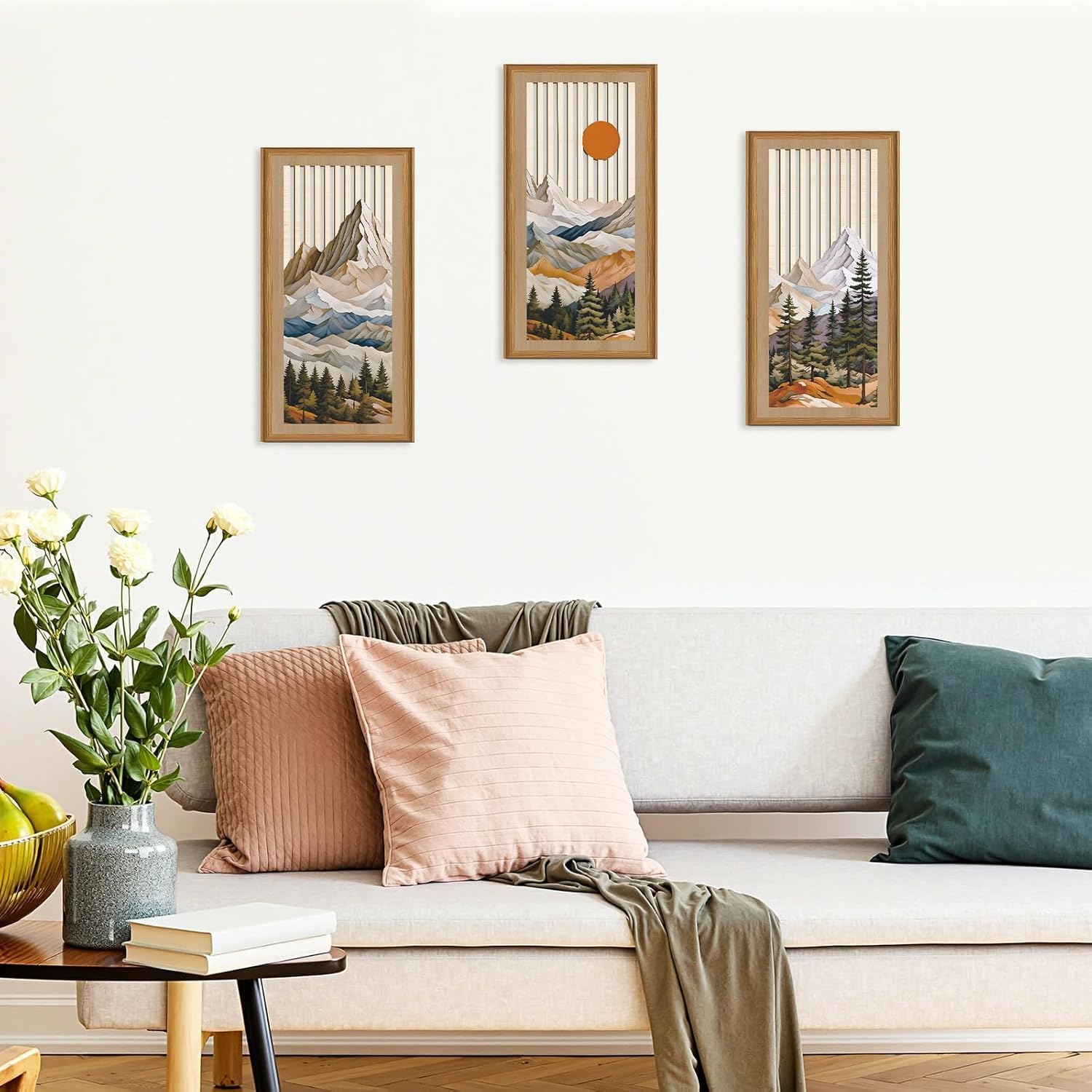 ANHUIB 3Pcs Boho Wooden Wall Art Set Abstract Mountain Wood Wall Art Modern Geometric Artwork Hollow Wall Decor Bohemian Sun Forest Wood Wall Decor Mountain Tree Hanging Decor for Living Room Bedroom - Image 3